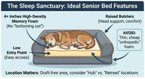 Ideal senior dog bed features: 4+ inch high-density foam, low entry, raised bolsters, and avoiding thin cheap foam.