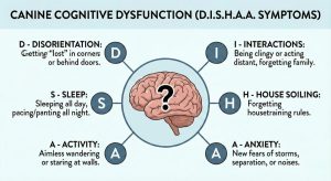 Infographic of a brain in the center with six labeled circles for DISHAA symptoms including disorientation, interactions, sleep, house soiling, activity changes and anxiety