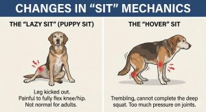 Illustrated infographic comparing a normal dog sit with a “lazy sit” and a “hover sit” that show pain in the hips and knees of an arthritic dog.