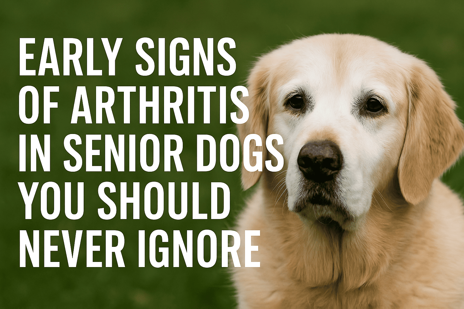 Senior golden retriever standing on grass beside bold text that reads “Early Signs of Arthritis in Senior Dogs You Should Never Ignore.”