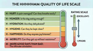 Colorful quality-of-life infographic listing hurt, hunger, hydration, hygiene, happiness, mobility and more good days than bad beside a thermometer-style rating scale from poor to excellent