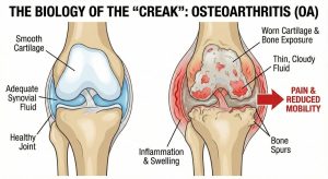Side-by-side diagram of a healthy joint with smooth cartilage and clear fluid and an osteoarthritic joint with worn cartilage, inflammation and bone spurs causing pain and reduced mobility