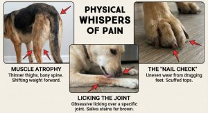 Infographic of three senior dog images showing muscle atrophy, licking a sore joint, and worn nails, labeled as early physical signs of arthritis.