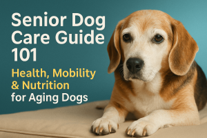 Thumbnail showing a senior beagle lying on a beige cushion with teal background and bold text that reads Senior Dog Care Guide 101 Health, Mobility and Nutrition for Aging Dogs