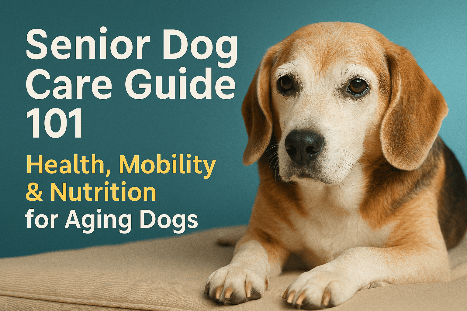 Thumbnail showing a senior beagle lying on a beige cushion with teal background and bold text that reads Senior Dog Care Guide 101 Health, Mobility and Nutrition for Aging Dogs