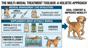 Infographic showing a holistic treatment toolbox for senior dog joint pain with medical management, supplements and exercise and therapy leading to improved mobility