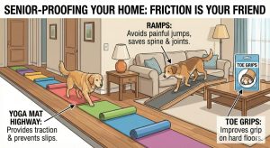 Illustrated hallway and living room showing a senior dog walking on colorful yoga mats, using a ramp to the couch and a package of toe grips to improve traction on hard floors