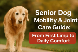 Senior golden retriever walking slowly along a path with bold text that reads Senior Dog Mobility and Joint Care Guide From First Limp to Daily Comfort