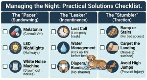 Nighttime checklist for senior dogs: pacing (sundowning), incontinence support, and traction fixes to prevent slips and falls.
