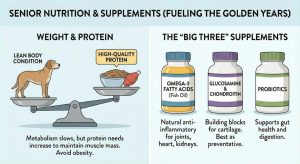Nutrition infographic with a balance scale comparing lean body condition and high-quality protein and bottles of omega-3s, glucosamine chondroitin and probiotics for senior dogs