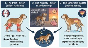 Three reasons a senior dog is restless at night: silent arthritis pain, sundowning anxiety, and incontinence.