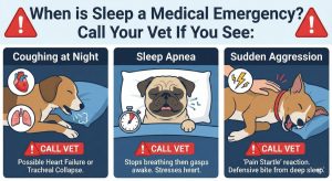Emergency sleep warning signs: coughing at night, sleep apnea-like episodes, or sudden aggression from pain/startle.