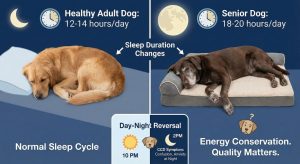 Adult dog sleeping 12–14 hours vs senior dog sleeping 18–20 hours, with a day–night reversal example first step in Senior Dogs Sleep and Comfort Guide.