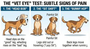 Cartoon infographic with three panels showing a head bob while walking, a painful sit with legs sliding out and a bunny hop run as subtle signs of pain in dogs
