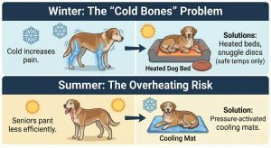 Winter cold increases joint pain and summer heat raises overheating risk; shows heated bed and cooling mat solutions.