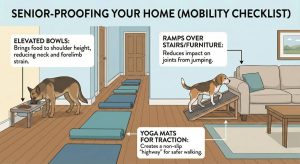 Illustrated infographic of a living room and hallway showing elevated food bowls, ramps over furniture and yoga mats on the floor to improve traction for senior dogs