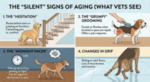Infographic showing four silent signs of aging in senior dogs including hesitation on stairs, grumpy grooming reactions, midnight pacing and changes in grip on slick floors