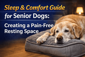 Senior golden retriever resting on an orthopedic dog bed with text “Sleep & Comfort Guide for Senior Dogs.”