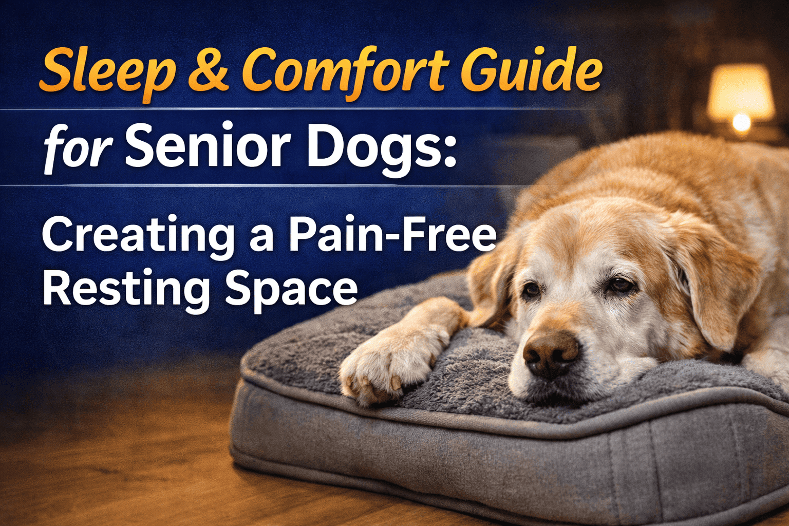 Senior golden retriever resting on an orthopedic dog bed with text “Sleep & Comfort Guide for Senior Dogs.”