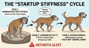 Illustrated sequence of a senior dog waking stiff from a bed, walking awkwardly, then appearing normal, labeled as the startup stiffness cycle of arthritis.