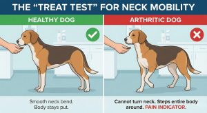 Side-by-side illustration of a healthy dog and an arthritic dog doing a “treat test” to show normal versus painful neck movement.
