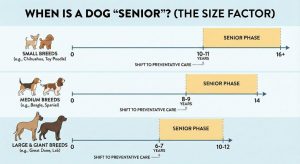 Timeline infographic showing small, medium, large and giant dog breeds with age ranges indicating when to shift to preventative senior care and when the senior phase begins